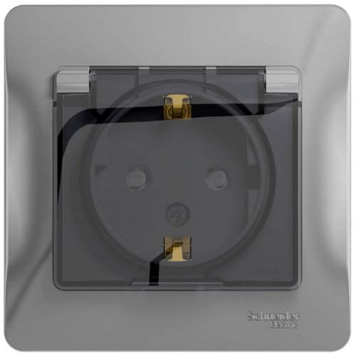 Розетка с заземлением с рамкой Systeme Electric Glossa 1-м. крышка шторки IP44 алюминий картинка